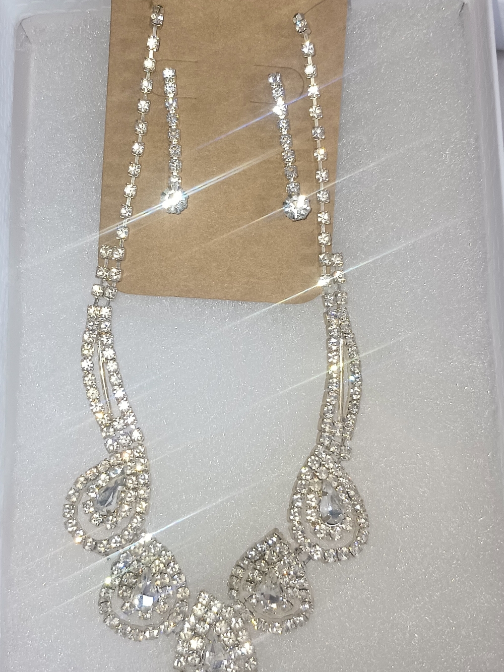 Crystal Teardrop Statement Necklace and Earring Set - Silver